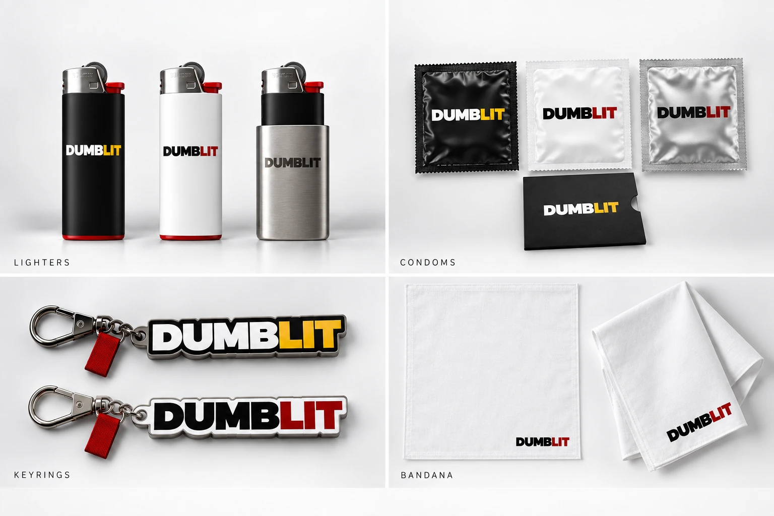 Dumblit lighter designs, sealed condom packaging, enamel keyrings and paisley bandana